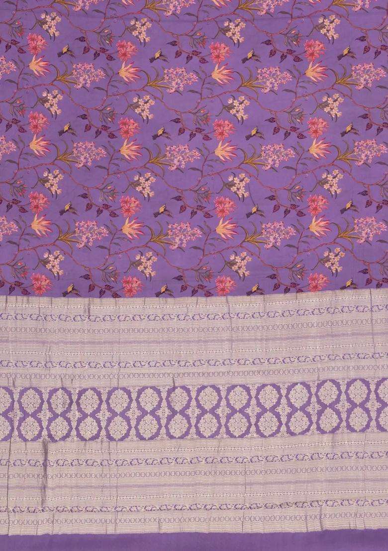 Lavander Lavender Printed Mysore Silk Crepe Saree With Floral Motifs For Women - Indya