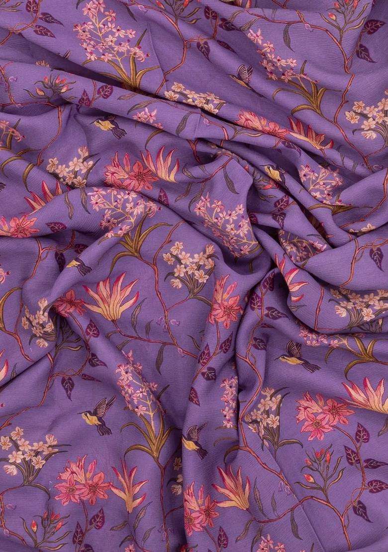 Lavander Lavender Printed Mysore Silk Crepe Saree With Floral Motifs For Women - Indya