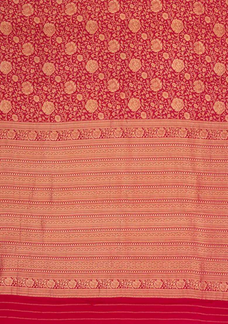 Crimson Woven Mysore Silk Crepe Saree With Floral Vine Motifs With Buttas And Brocade Design For Women - Indya