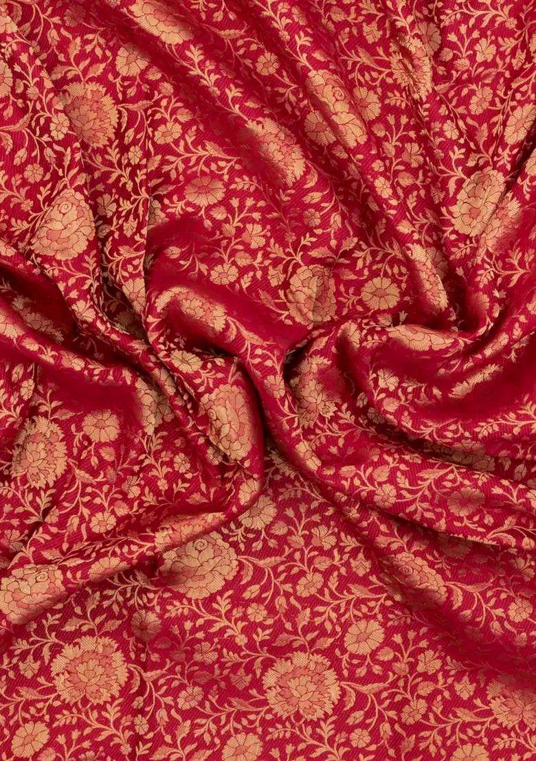 Crimson Woven Mysore Silk Crepe Saree With Floral Vine Motifs With Buttas And Brocade Design For Women - Indya