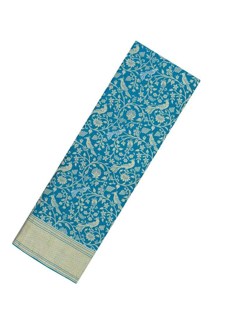 Cyan Woven Mysore Silk Crepe Saree With Peacock Vine Motifs With Buttas And Brocade Design For Women - Indya