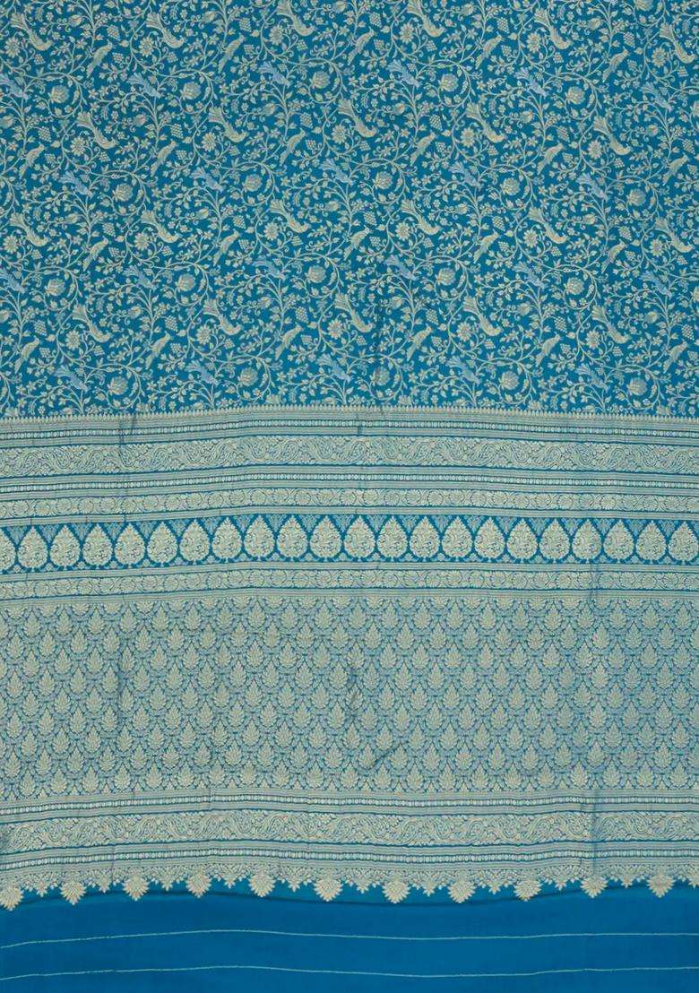Cyan Woven Mysore Silk Crepe Saree With Peacock Vine Motifs With Buttas And Brocade Design For Women - Indya