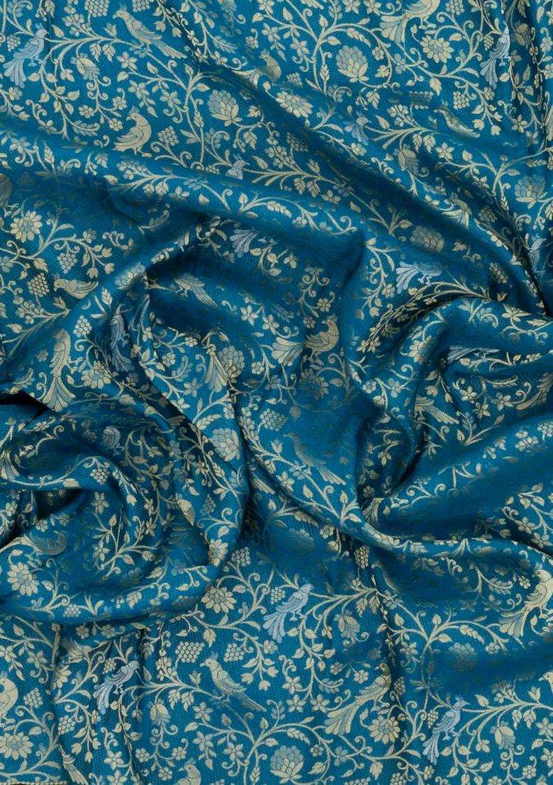 Cyan Woven Mysore Silk Crepe Saree With Peacock Vine Motifs With Buttas And Brocade Design For Women - Indya