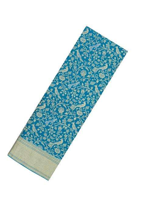 Cyan Woven Mysore Silk Crepe Saree With Peacock Vine Motifs With Buttas And Brocade Design For Women