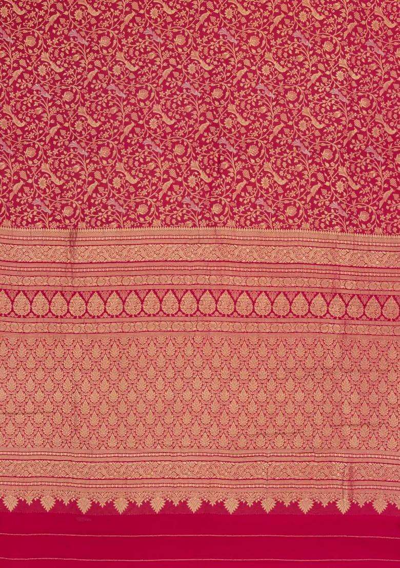 Crimson Woven Mysore Silk Crepe Saree With Peacock Vine Motifs With Buttas And Brocade Design For Women - Indya