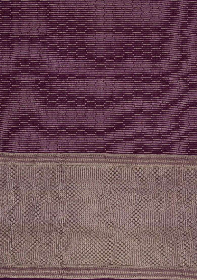 Magenta Woven Mysore Silk Crepe Saree With Zari Stripes With Checks And Stripes Design For Women - Indya