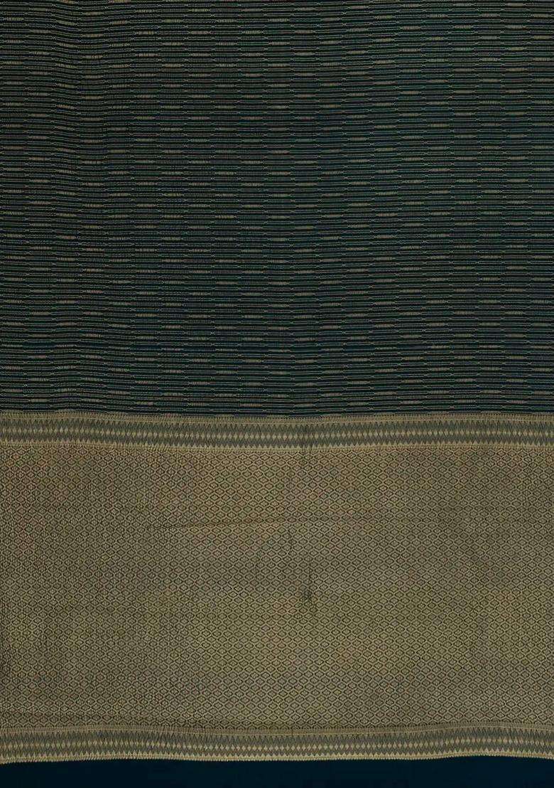 Teal Woven Mysore Silk Crepe Saree With Zari Stripes With Checks And Stripes Design For Women - Indya