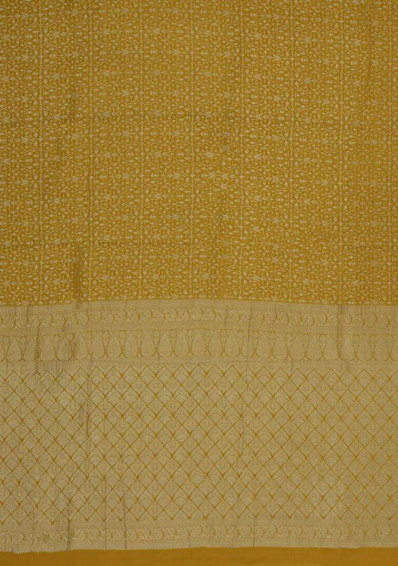 Olive Green Woven Mysore Silk Crepe Saree With Geometric Floral Motifs With Buttas And Brocade Design For Women - Indya