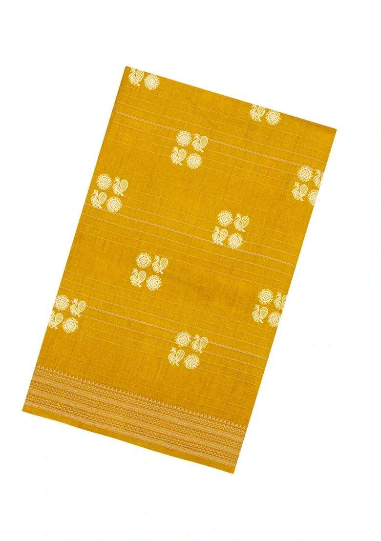 Mustard Printed Synthetics Dola Silk Saree With Zari Stripes For Women - Indya
