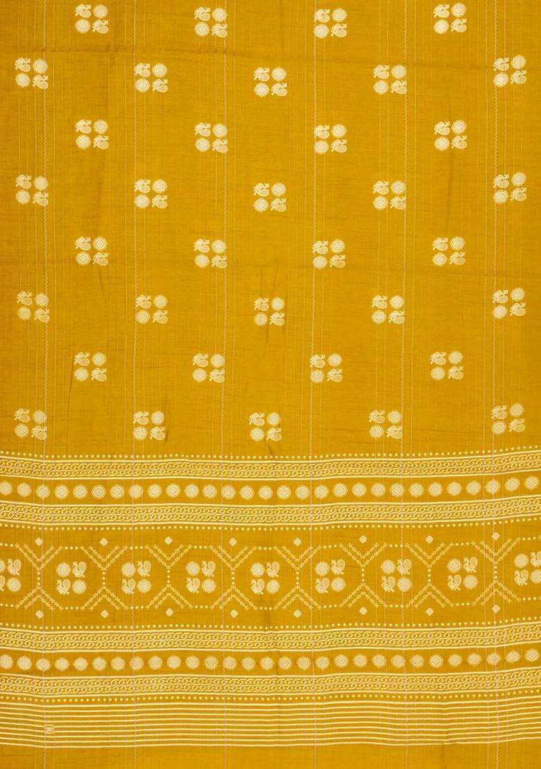 Mustard Printed Synthetics Dola Silk Saree With Zari Stripes For Women - Indya