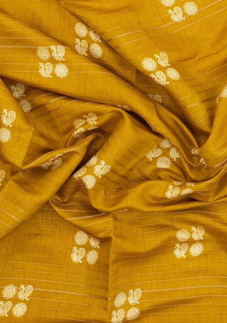 Mustard Printed Synthetics Dola Silk Saree With Zari Stripes For Women - Indya