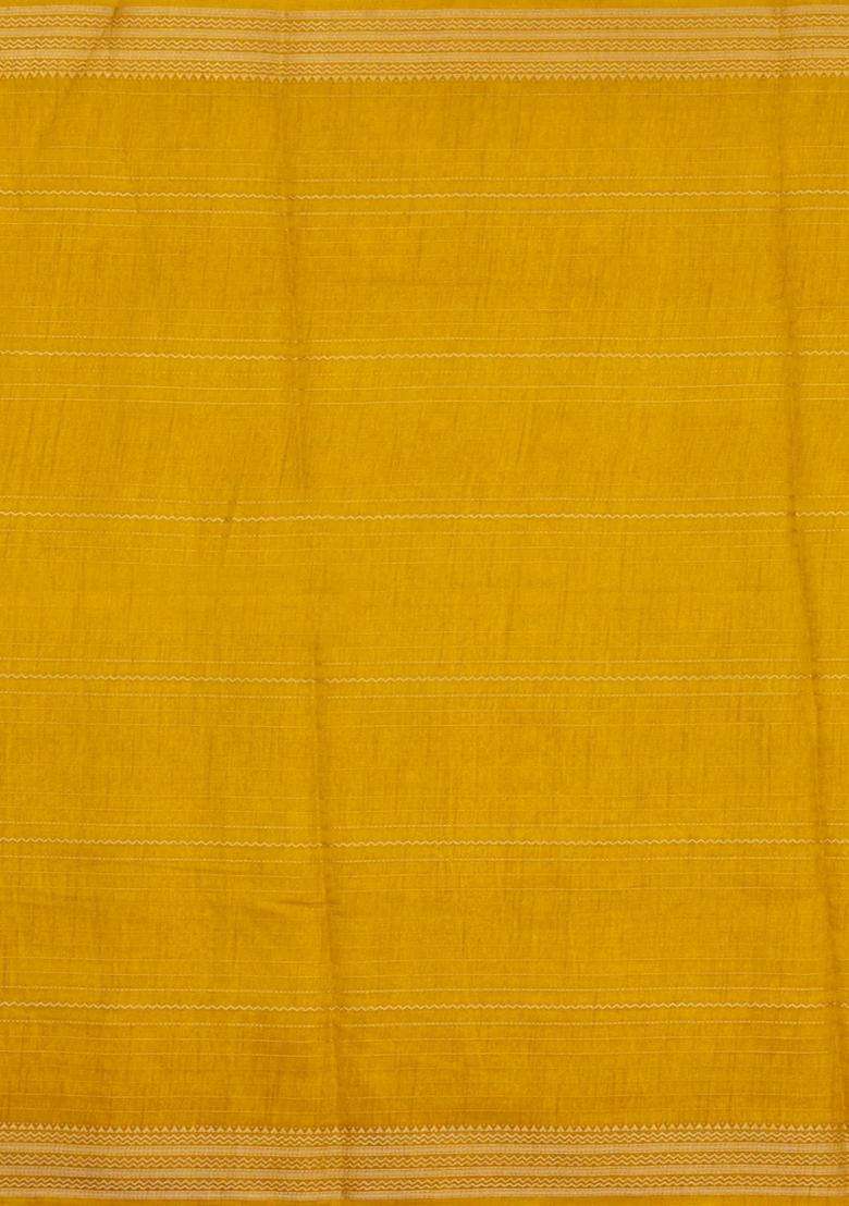 Mustard Printed Synthetics Dola Silk Saree With Zari Stripes For Women - Indya