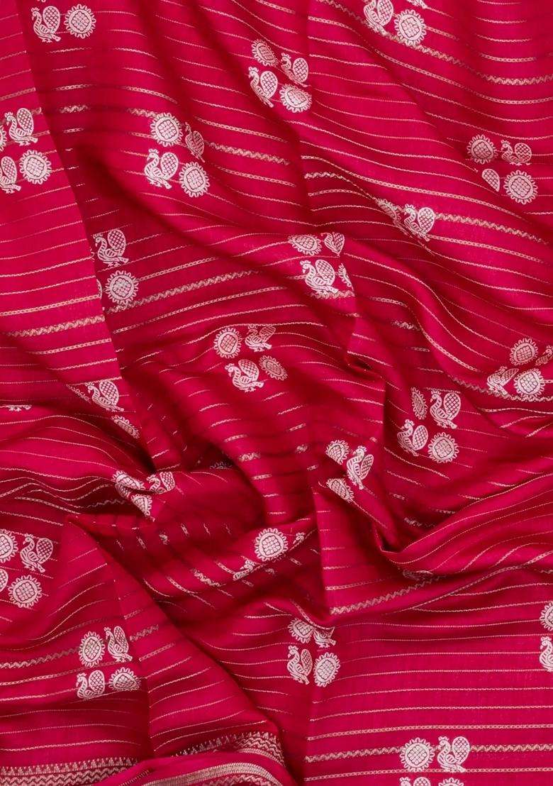 Red Printed Synthetics Dola Silk Saree With Zari Stripes For Women - Indya
