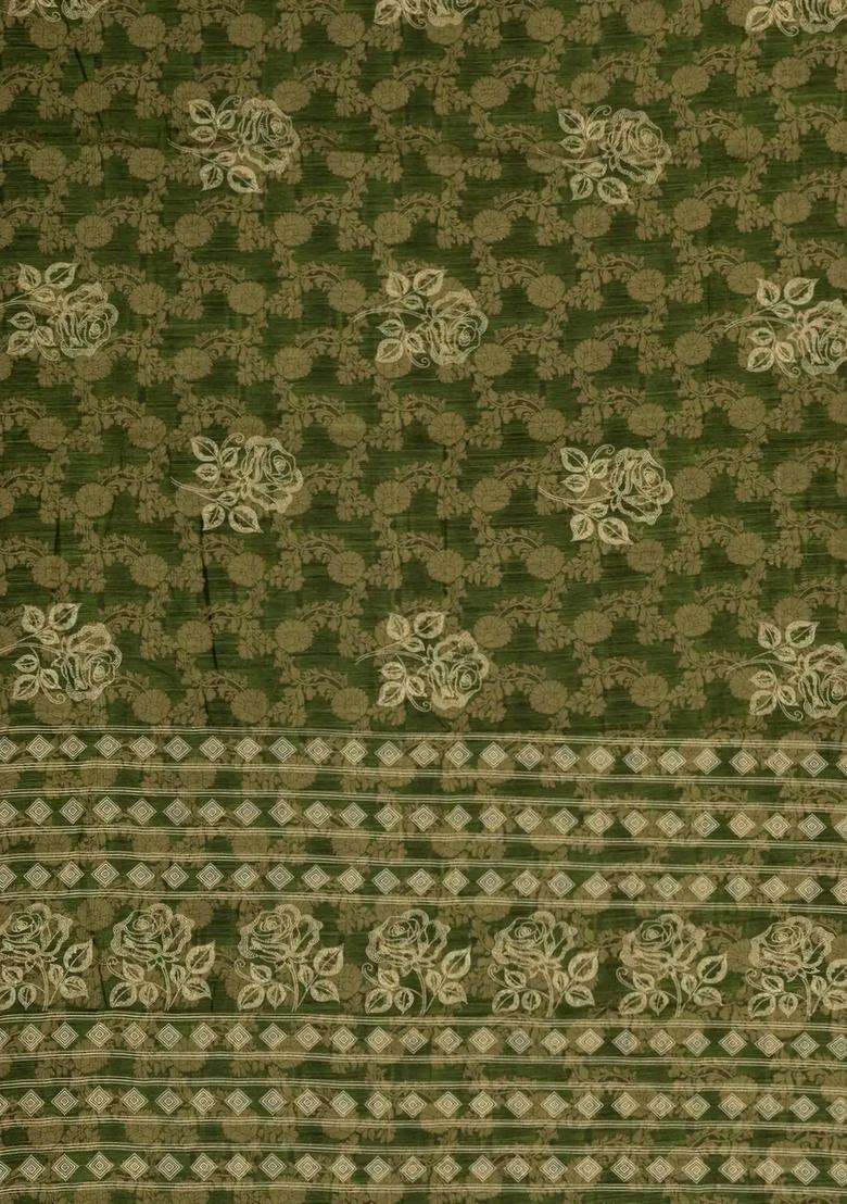 Green Printed Synthetics Dola Silk Saree With Floral Zari Motifs For Women - Indya