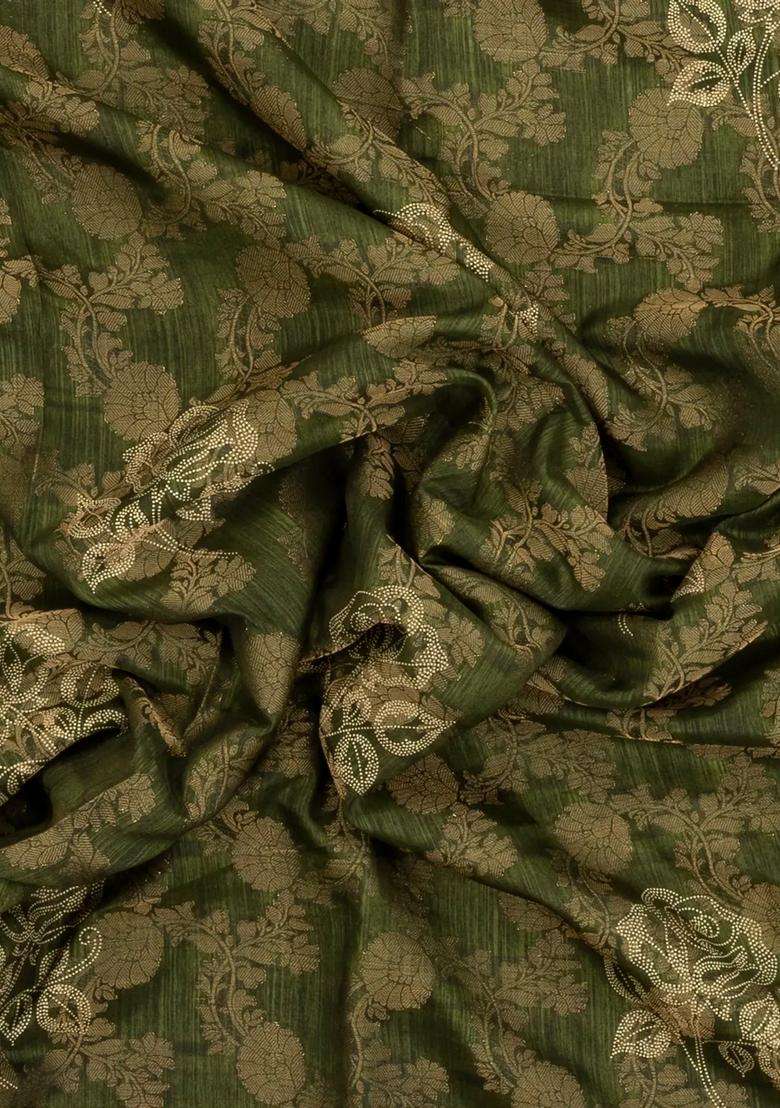 Green Printed Synthetics Dola Silk Saree With Floral Zari Motifs For Women - Indya
