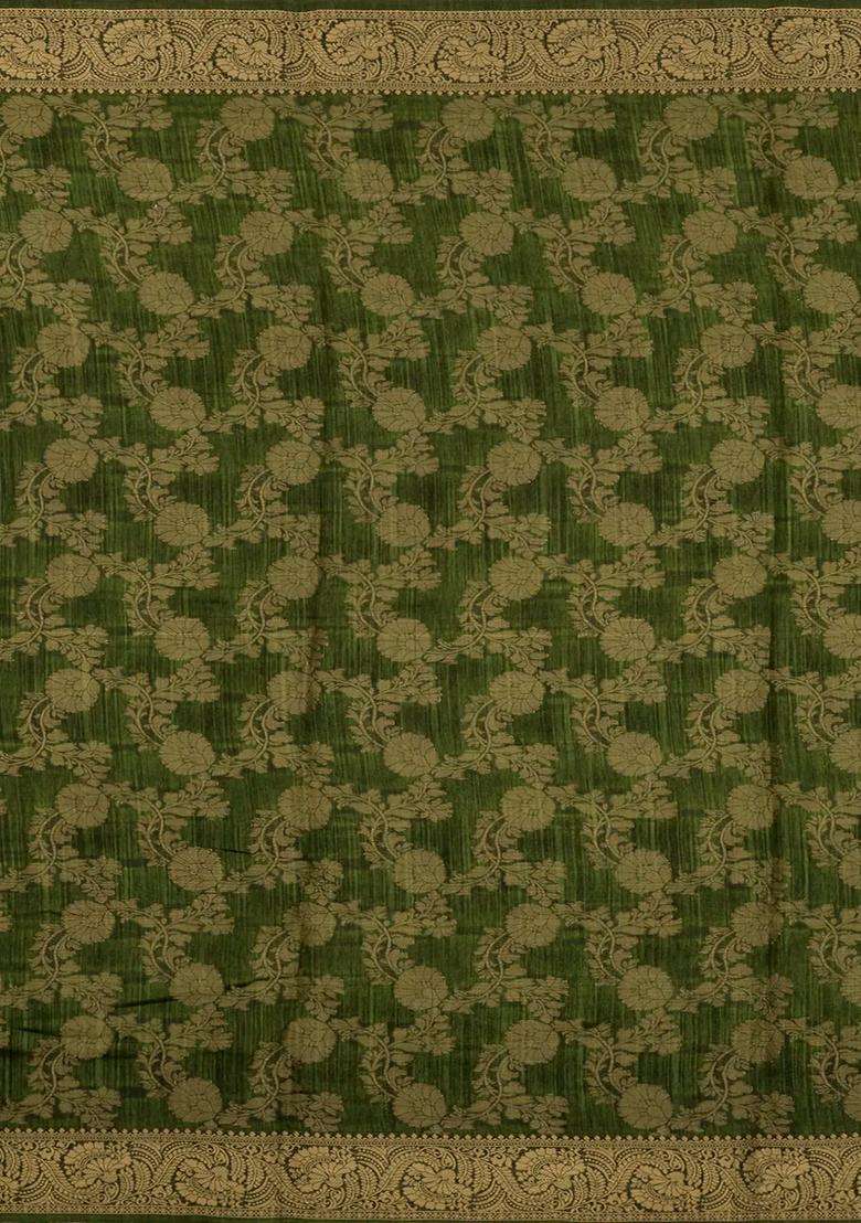 Green Printed Synthetics Dola Silk Saree With Floral Zari Motifs For Women - Indya