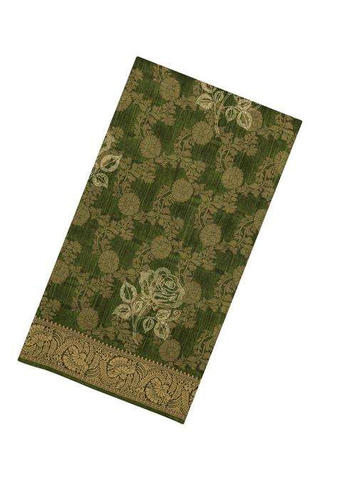 Green Printed Synthetics Dola Silk Saree With Floral Zari Motifs For Women