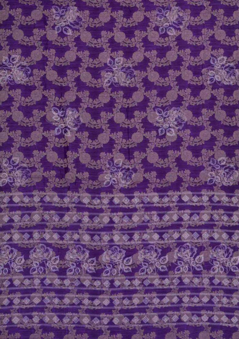 Purple Printed Synthetics Dola Silk Saree With Floral Zari Motifs For Women - Indya