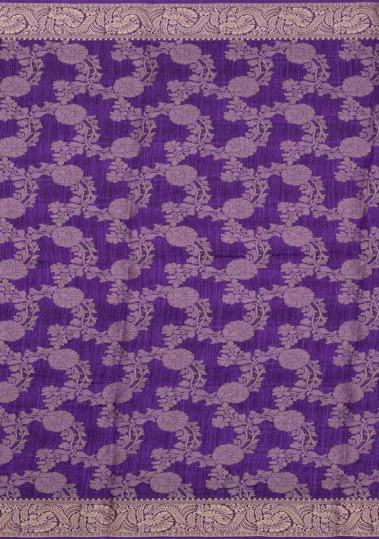 Purple Printed Synthetics Dola Silk Saree With Floral Zari Motifs For Women - Indya