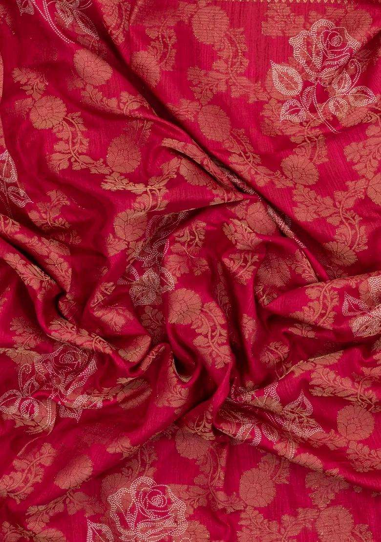 Red Printed Synthetics Dola Silk Saree With Floral Zari Motifs For Women - Indya