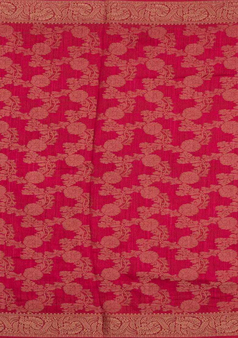 Red Printed Synthetics Dola Silk Saree With Floral Zari Motifs For Women - Indya