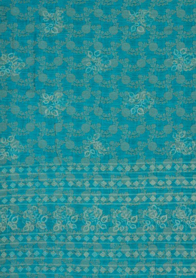 Turquoise Printed Synthetics Dola Silk Saree With Floral Zari Motifs For Women - Indya