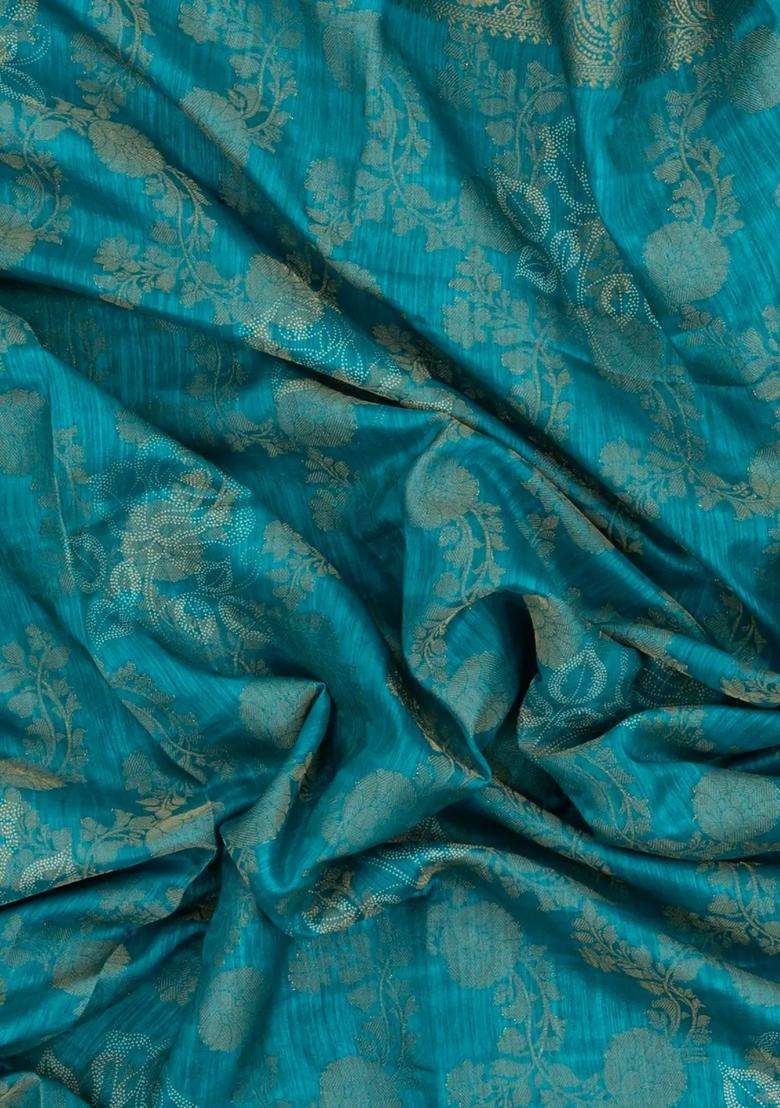 Turquoise Printed Synthetics Dola Silk Saree With Floral Zari Motifs For Women - Indya