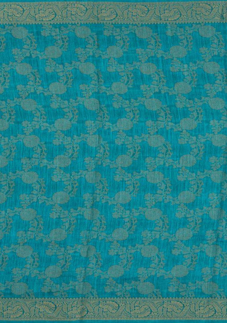 Turquoise Printed Synthetics Dola Silk Saree With Floral Zari Motifs For Women - Indya