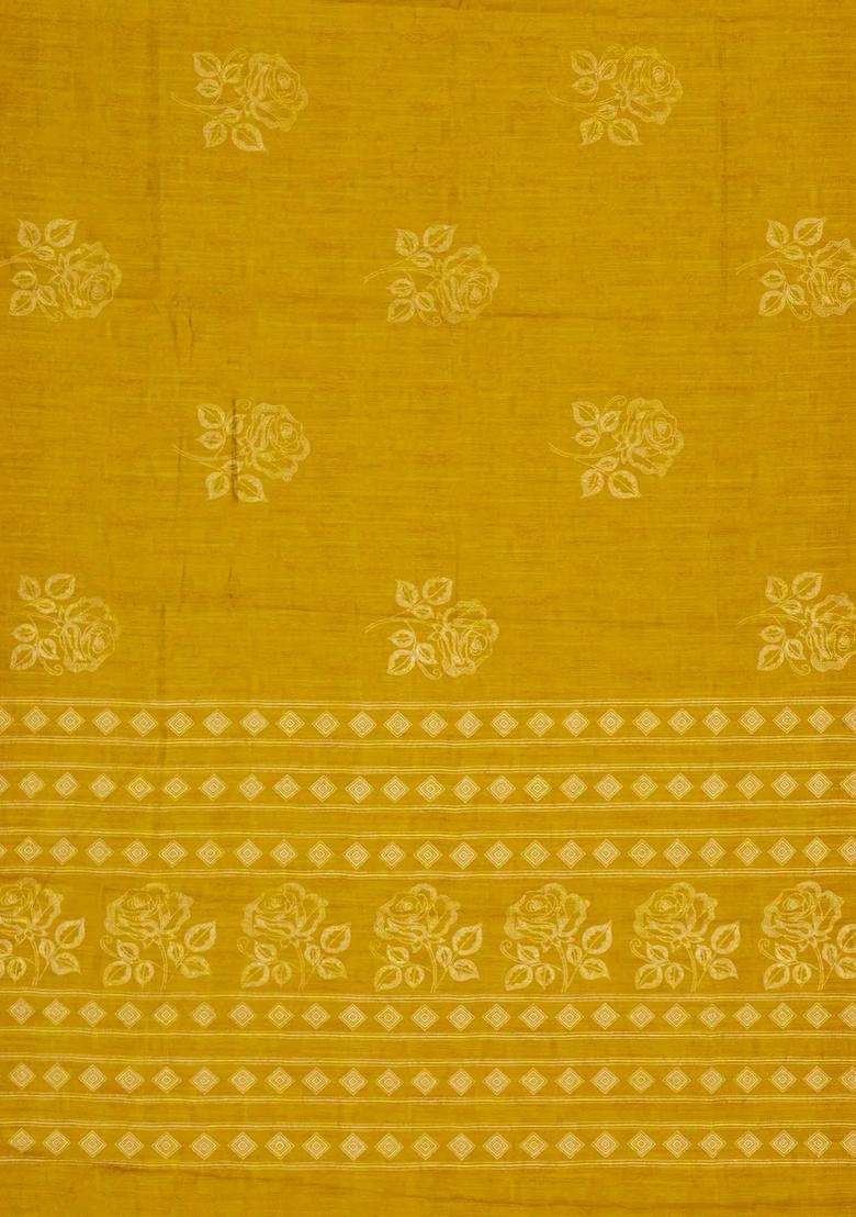 Mustard Printed Synthetics Dola Silk Saree With Floral Zari Motifs For Women - Indya