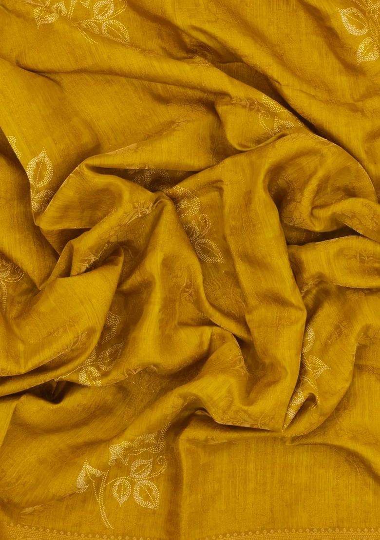 Mustard Printed Synthetics Dola Silk Saree With Floral Zari Motifs For Women - Indya
