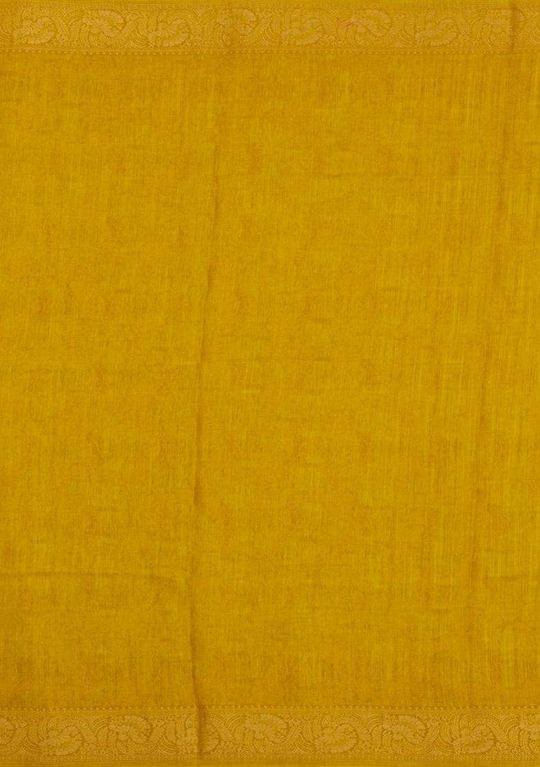 Mustard Printed Synthetics Dola Silk Saree With Floral Zari Motifs For Women - Indya