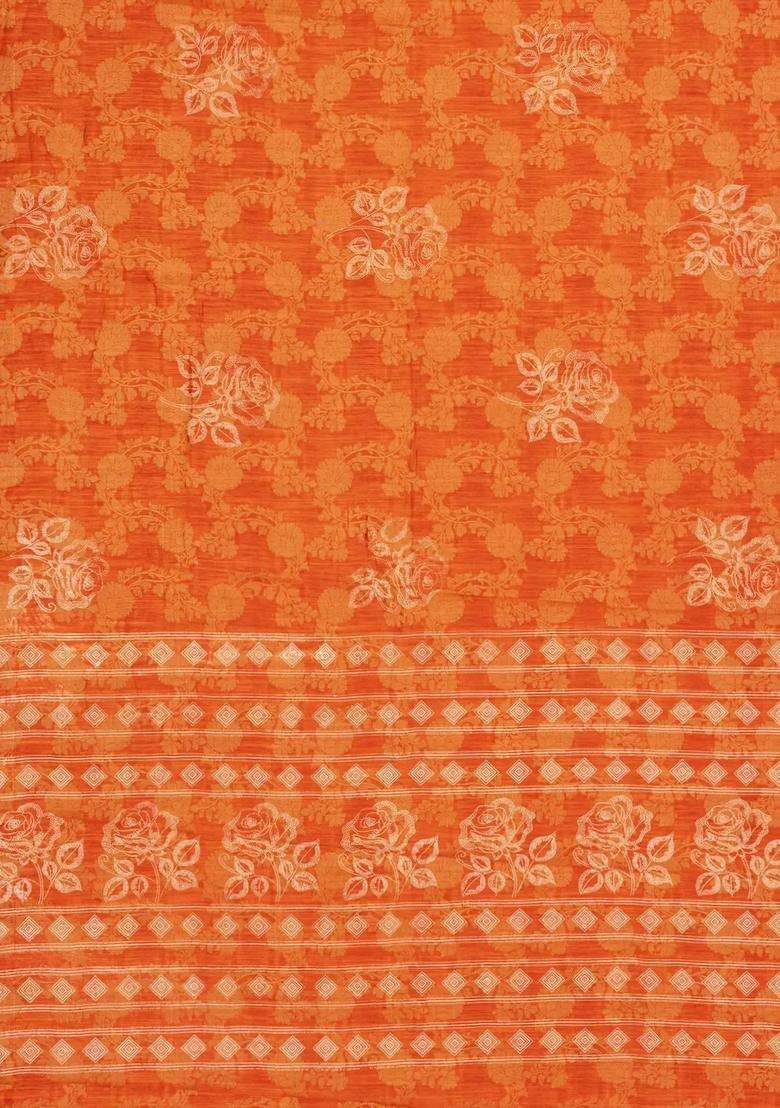 Orange Printed Synthetics Dola Silk Saree With Floral Zari Motifs For Women - Indya