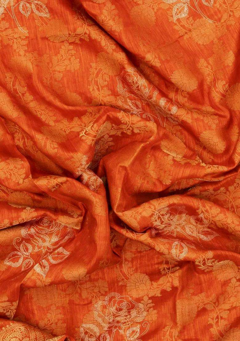 Orange Printed Synthetics Dola Silk Saree With Floral Zari Motifs For Women - Indya