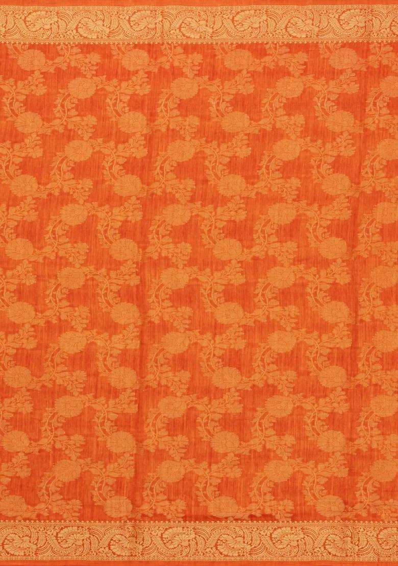 Orange Printed Synthetics Dola Silk Saree With Floral Zari Motifs For Women - Indya