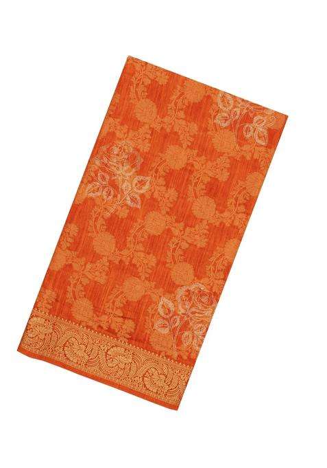 Orange Printed Synthetics Dola Silk Saree With Floral Zari Motifs For Women