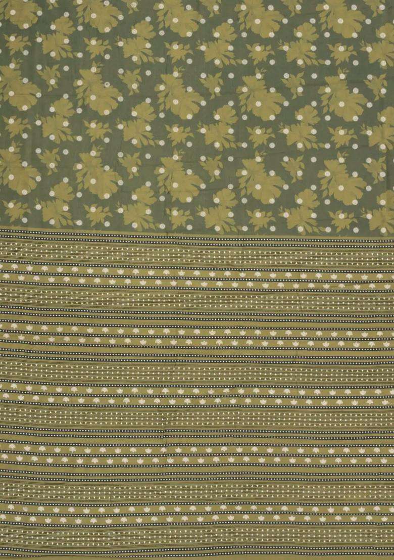 Shadow Green Printed Synthetics Dola Silk Saree With Floral Motifs For Women - Indya