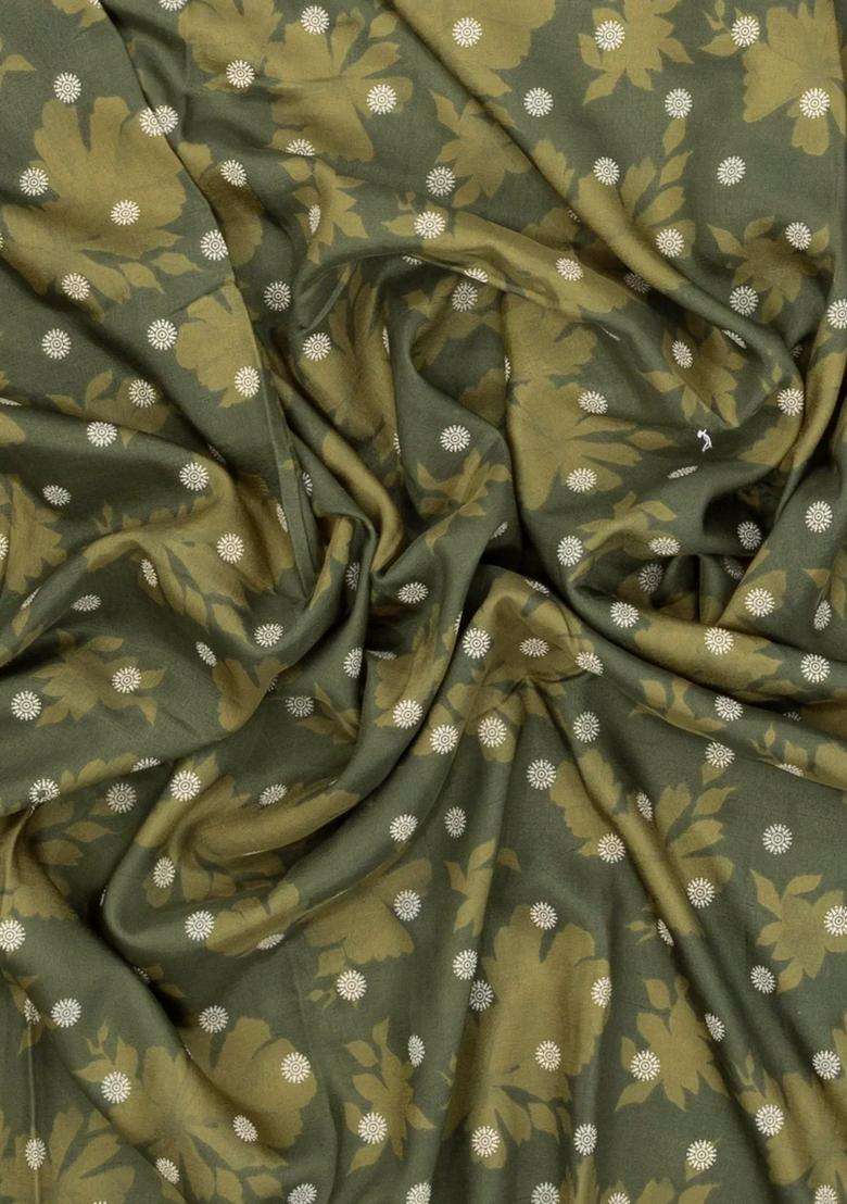 Shadow Green Printed Synthetics Dola Silk Saree With Floral Motifs For Women - Indya