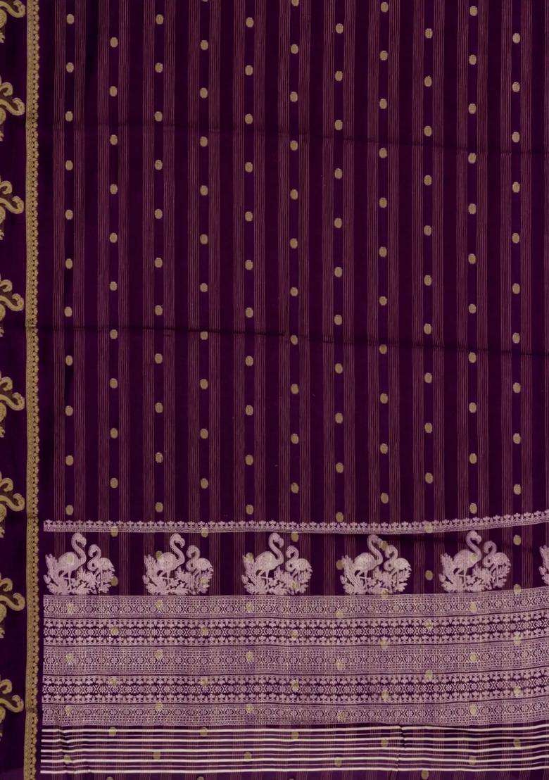Burgundy Printed Synthetics Dola Art Silk Saree Zari Stripes Buttas For Women - Indya