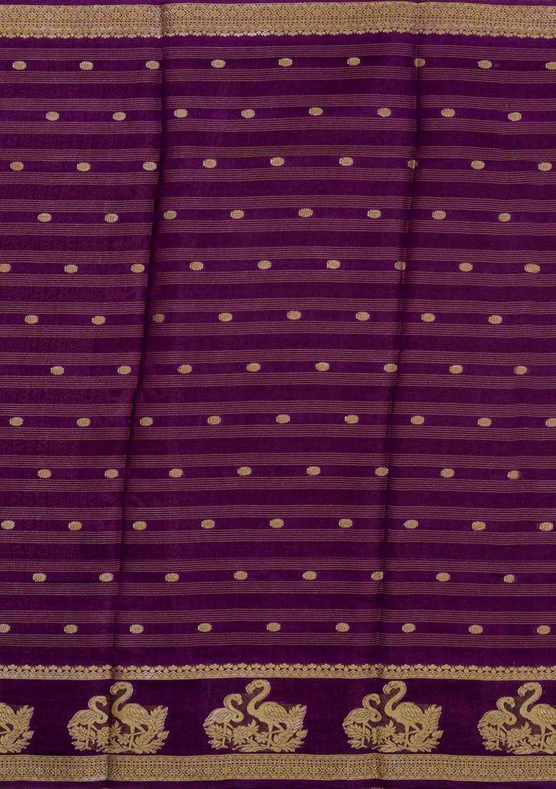 Burgundy Printed Synthetics Dola Art Silk Saree Zari Stripes Buttas For Women - Indya