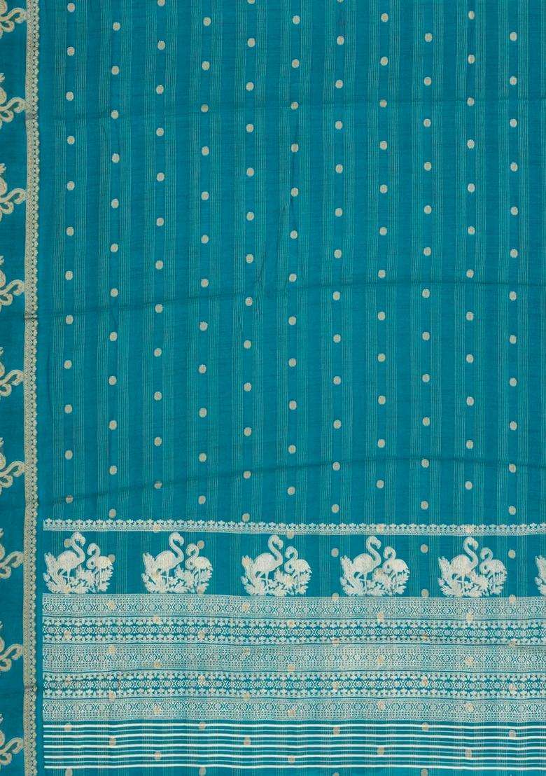 Cyan Printed Synthetics Dola Art Silk Saree Zari Stripes Buttas For Women - Indya