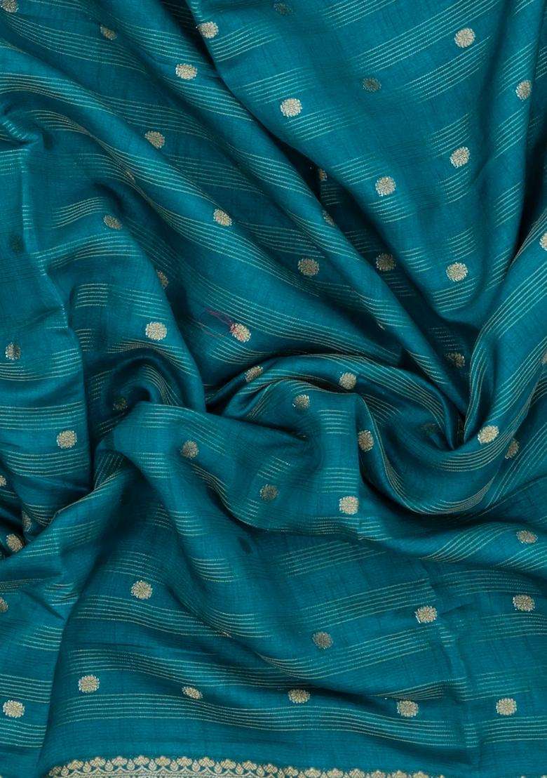 Cyan Printed Synthetics Dola Art Silk Saree Zari Stripes Buttas For Women - Indya