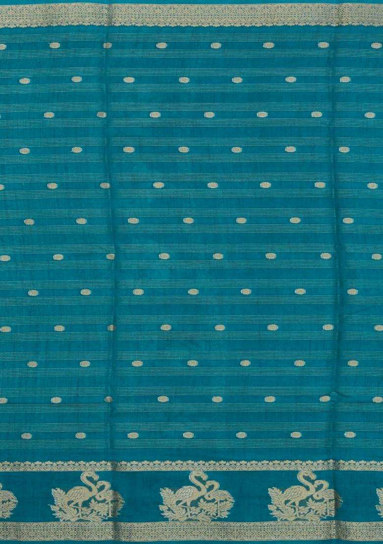 Cyan Printed Synthetics Dola Art Silk Saree Zari Stripes Buttas For Women - Indya