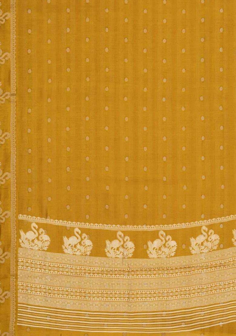 Mustard Printed Synthetics Dola Art Silk Saree Zari Stripes Buttas For Women - Indya