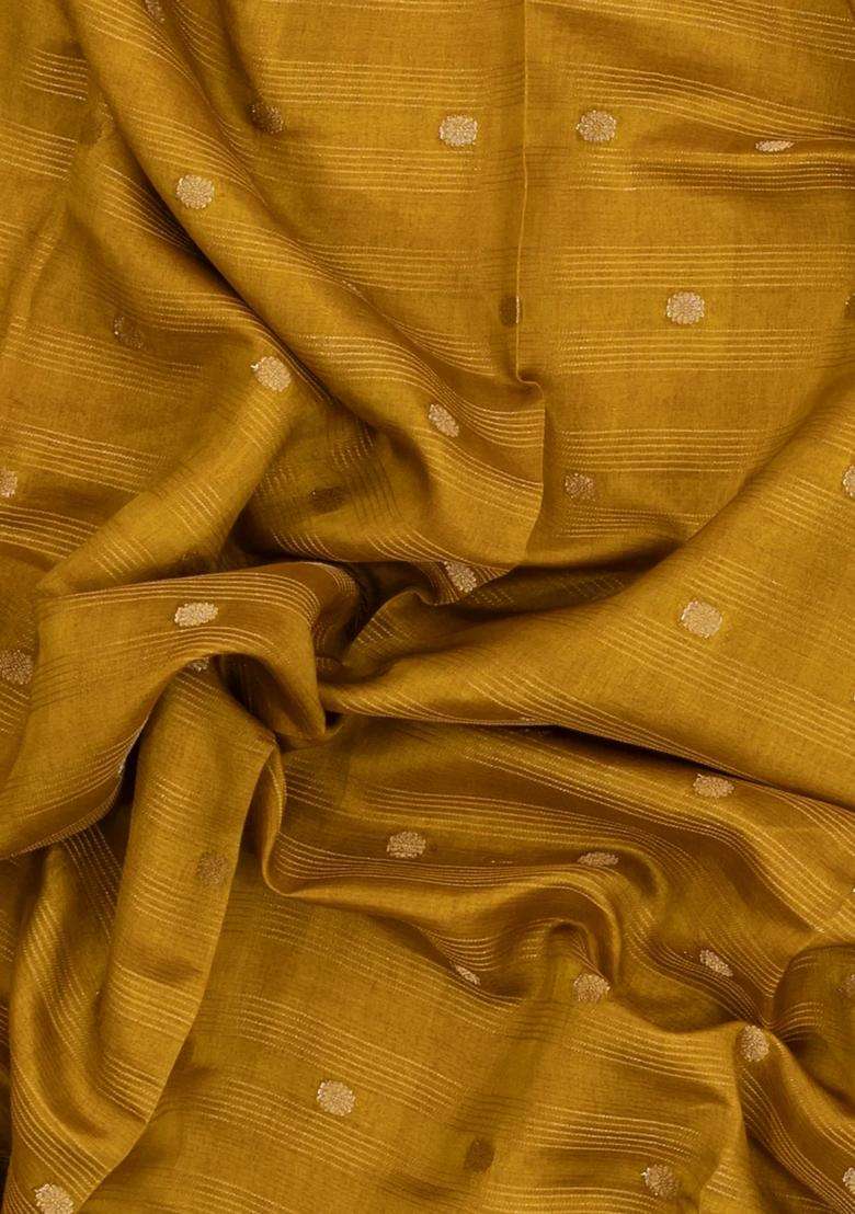 Mustard Printed Synthetics Dola Art Silk Saree Zari Stripes Buttas For Women - Indya