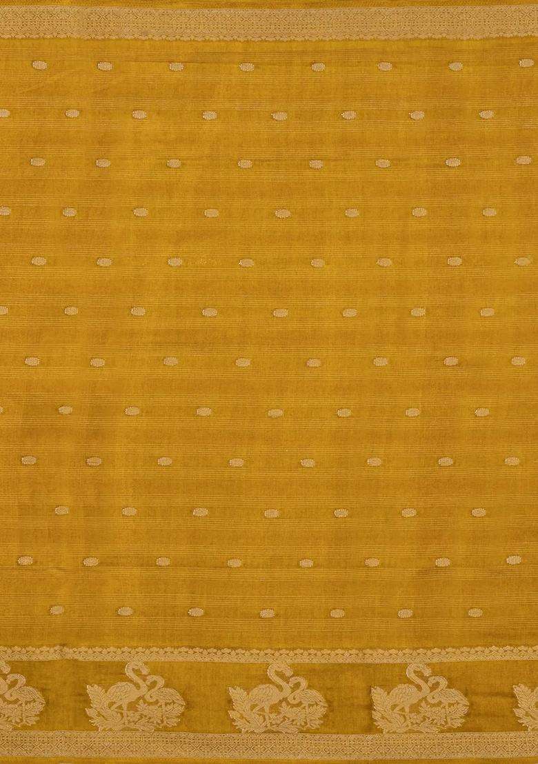 Mustard Printed Synthetics Dola Art Silk Saree Zari Stripes Buttas For Women - Indya