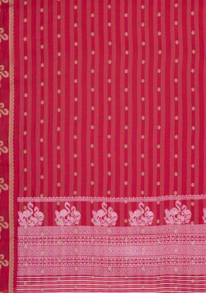 Red Printed Synthetics Dola Art Silk Saree Zari Stripes Buttas For Women - Indya