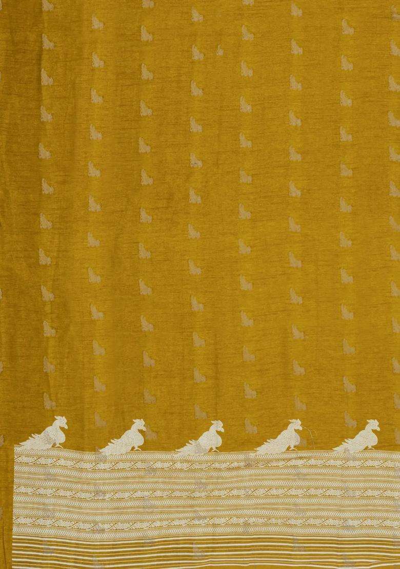 Mustard Printed Synthetics Dola Art Silk Saree Zari Buttas For Women - Indya