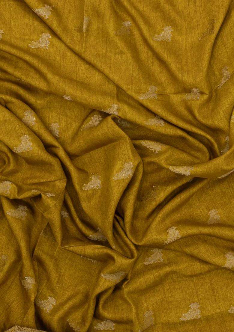 Mustard Printed Synthetics Dola Art Silk Saree Zari Buttas For Women - Indya