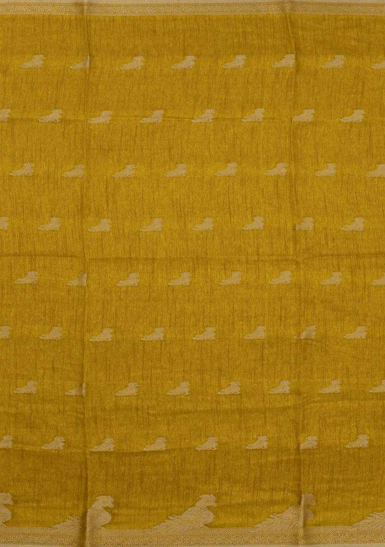 Mustard Printed Synthetics Dola Art Silk Saree Zari Buttas For Women - Indya
