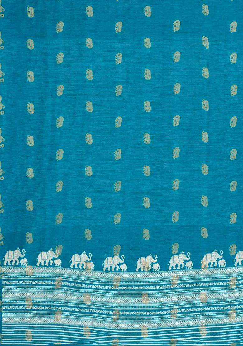 Cyan Printed Synthetics Dola Art Silk Saree Zari Buttas For Women - Indya